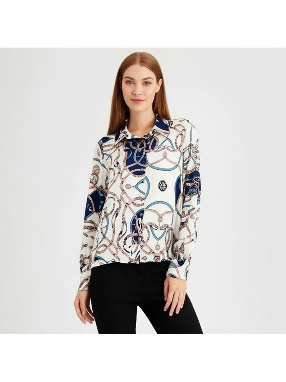 Natural Silk White & Blue Chain Print Button Down Shirt 4XL NWT